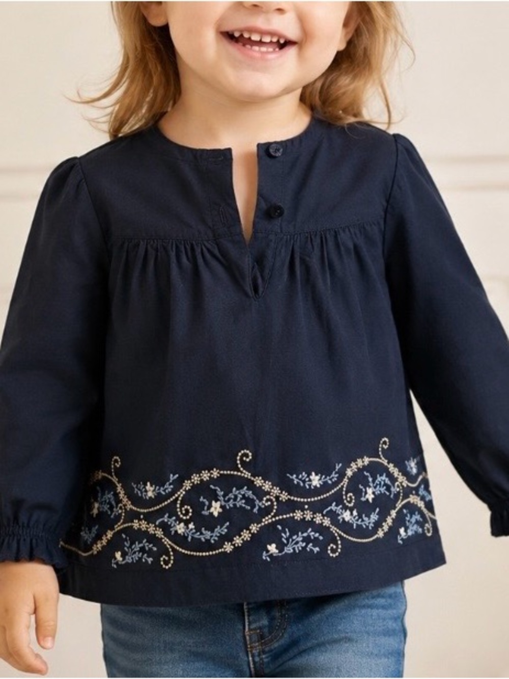 Janie & Jack Girls Navy Embroidered Peasant Blouse Top Sz 2T Long Sleeve Floral